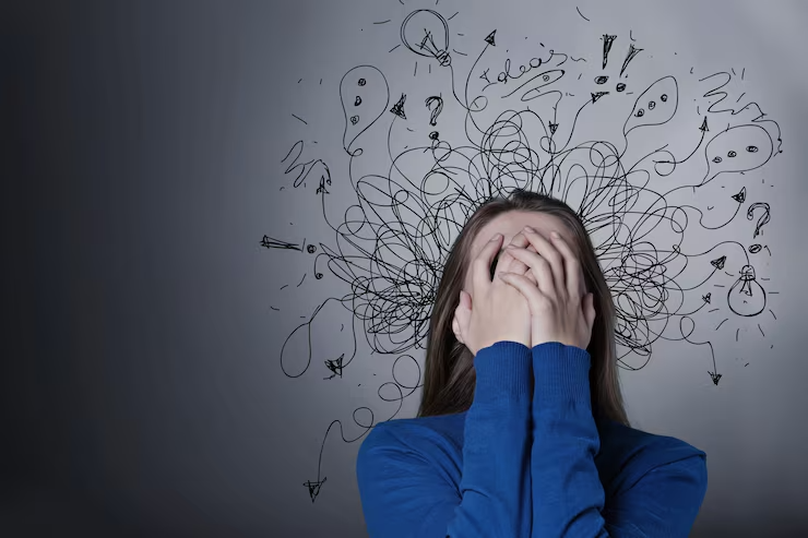 triste jeune homme expression visage stressee cerveau se fondant dans points interrogation lignes 48